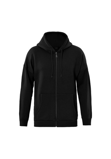 Unisex Fermuarlı Kapüşonlu Oversize Sweatshirt - Siyah Siyah