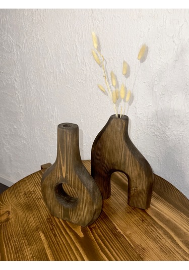 O&a Wood Doğal Ahşap Dekoratif İkili Takım Biblo Vazo Ceviz