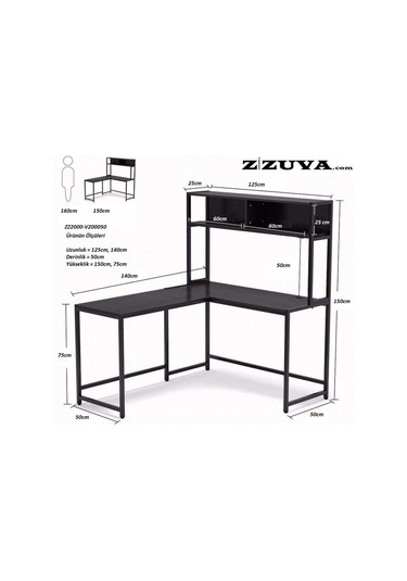 Zizuva Zizuva Tasarım Siyah Ev Ofis Bilgisayar Oyuncu Raflı Metal Köşe