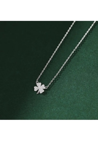 925ayar Gümüş Zirkon Taşlarla Süslü Dört Yapraklı Yonca Şans Kolye