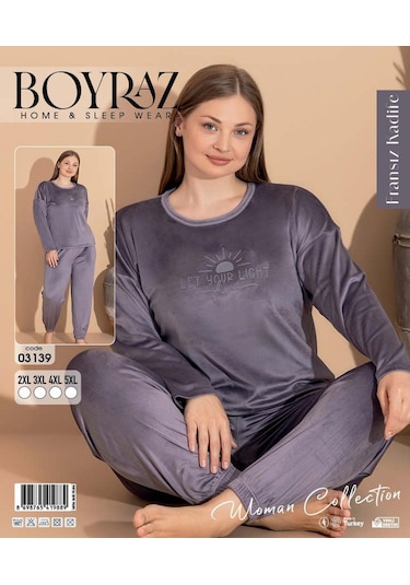 Boyraz Kadın Kışlık Fransız Kadife Büyük Beden Bisiklet Yaka Uzun Kol Pijama Takımı 03139 - 1 Adet Açık Mor