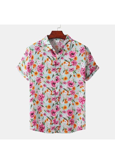 Snapbuy Erkek Yaz Çiçek Kısa Kollu Hawaii Gömlek Slim Fit Plaj Bluzmor Mor
