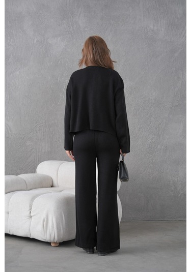 Kadın Bisiklet Yaka Düğme Kapama Kaşkorse Ceket Pantolon İkili Triko Takım Siyah