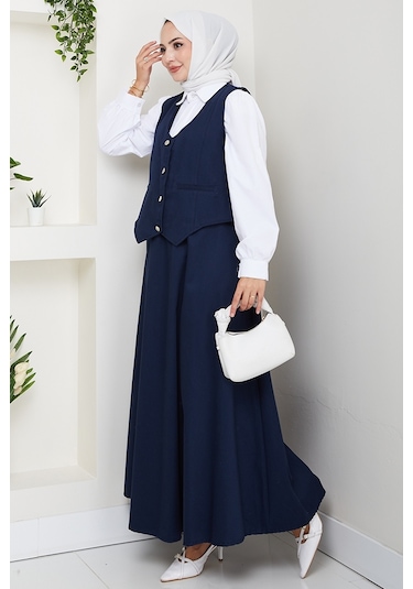 İkili Gabardin Yelek Etek Takım 1400 - Lacivert Lacivert