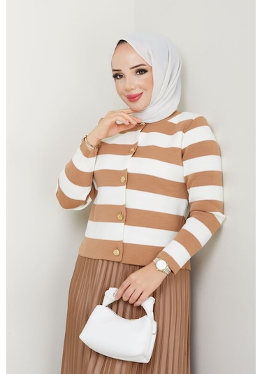 Vioshine Vıoshıne Kadın Gold Düğmeli Çizgili Triko Hırka CAMEL Camel