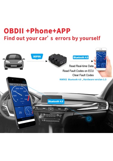 Skycity Konnweı Kw902 Obd2 Araba Arıza Tespit Cihazı, Bluetooth 4.0, Android Ve İos Uyumlu, Iso 9141/can Desteği, Siyah