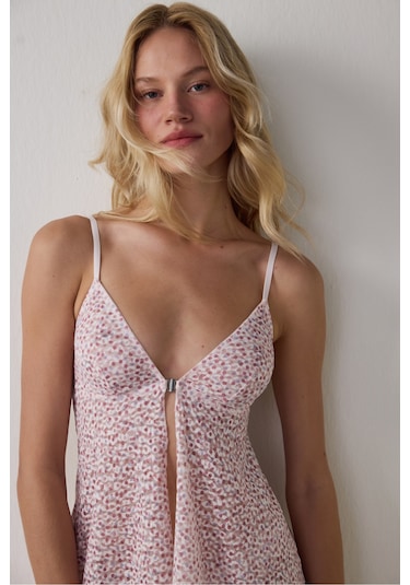 Penti Pembe Printed Lace Front Opening Üst