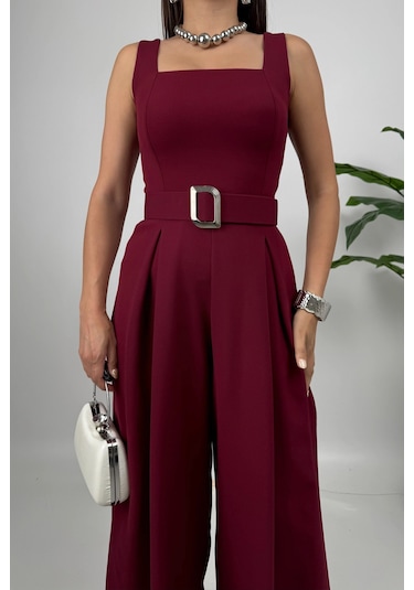 Noir Flow Kadın Bordo Kemerli Askılı Bol Paça Tulum Zarif Şıklık Bordo