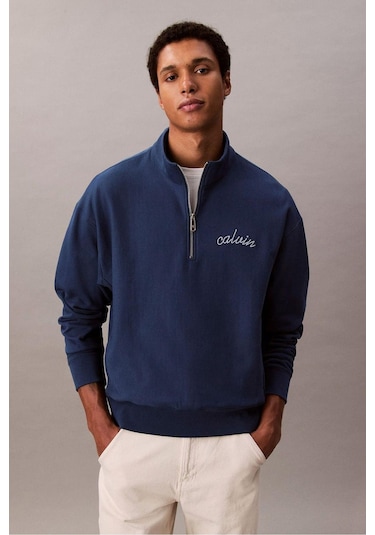 Erkek Yarım Fermuarlı Logolu Sweatshirt - Mavi-8783 Blue Jean