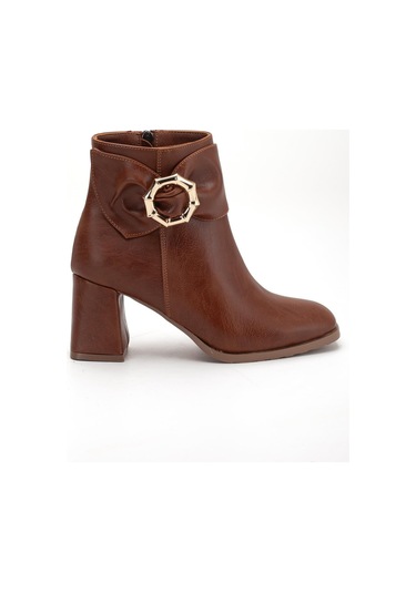 Taba Kadın Kalın Topuklu Bot Yan Fiyonk Aksesuarlı Küt Burun-4280 Taba