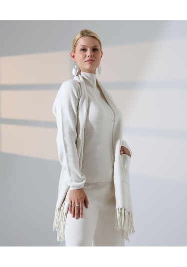 Bohem Şıklık Püskül Detaylı Üçlü Triko Takım Taş