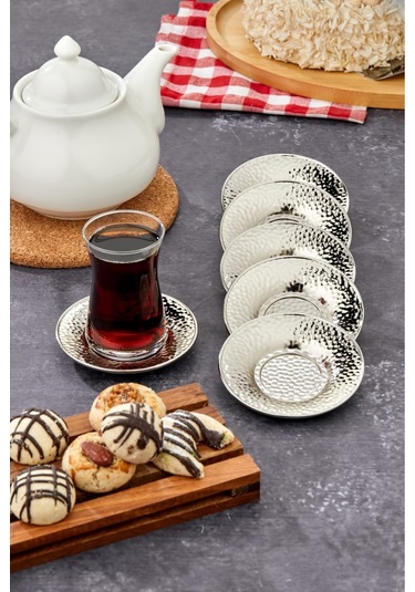 Cooker 6'lı Metal Dövme Desen Çay Tabağı Gümüş Ckr3578 Gümüş