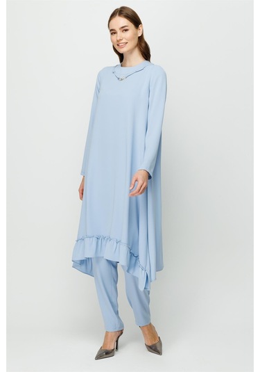 Eteği Büzgü Detaylı Tunik Pantolon Takım Mavi-mavi Mavi