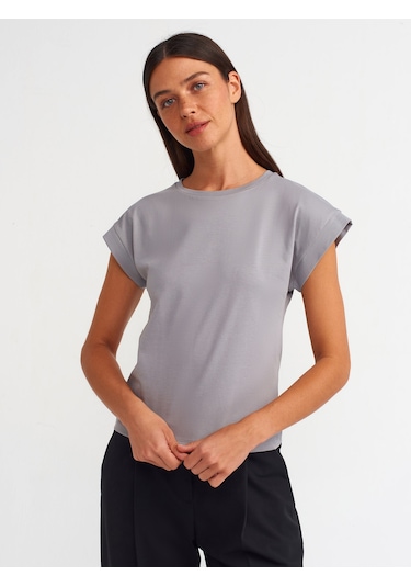 Dilvin Bisiklet Yaka Pamuklu T-shirt 101a03504 Gri