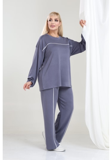 Kadın Büyük Beden Oysho Tarzı Modal Kumaş Uzun Kollu Biyeli Rahat Günlük Takım Gri