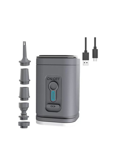 Mufunye Dış Mekan Usb Akıllı Hava Pompa - 200l/dak Inflasyon-deflasyon, Led Işık, 5 Uç, 1200mah Li-pol Batarya - Gri