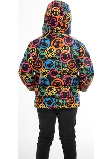 Erkek Çocuk Gülen Emoji İçi Polarlı Kürklü Su Ve Rüzgar Geçirmez Kapüşonlu Cepli Kışlık Şişme Çok Renkli