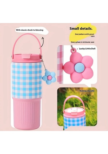 Brightnova Powder Blue Grid 24 01oz 30oz Princess Temalı Paslanmaz Çelik Termos Matara Seyahat Bardağı 07 Beyaz