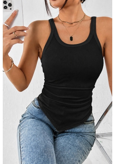 Cool Tarz Kadın Fitilli Atlet Slim Fit Kaşkorse Basic Yazlık Askılı Bluz Siyah