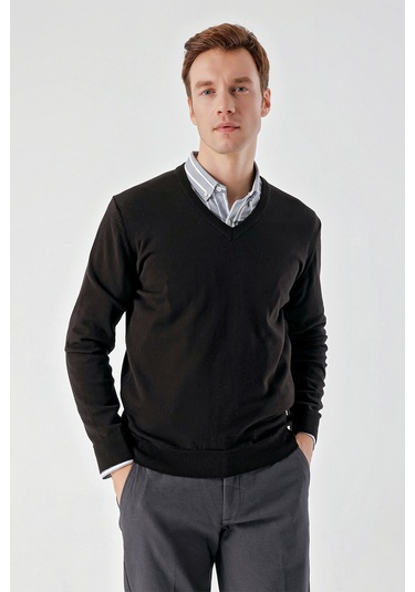 Morven Erkek Siyah Basic V Yaka Dynamic Fit Rahat Kesim Triko Siyah