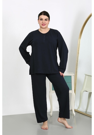 Akbeniz Kadın Büyük Beden Uzun Kol Penye Pijama Takımı Lacivert 202501 Lacivert