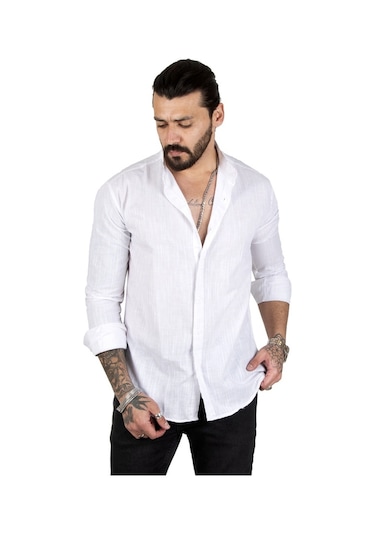 Deepsea Erkek Beyaz Çizgili Likralı Hakim Yaka Gömlek Beyaz