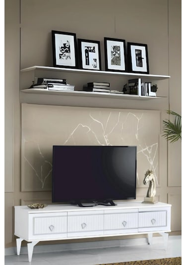 Vina Tv Sehpası Beyaz Gümüş Şeritli Kapaklı Modern Tasarım 150 Ekran Üzeri Uyumlu 160x36x50 Cm
