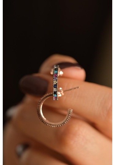 Mix Taşlı Rose Halka Model Çivili Gümüş Küpe O Gümüş