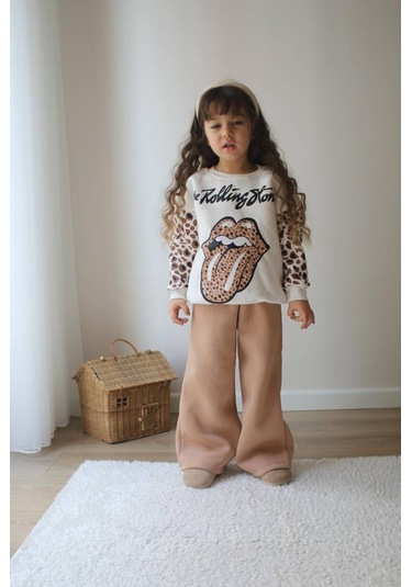 Kız Çocuk İç Pamuklu Leopar Geçişli Trend Rolling Stone Baskılı Alt Üst Takım Sütlü Kahve Renk Leopar / Sütlü Kahve Leopar - Sütlü Kahve