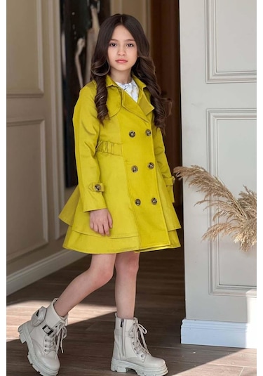 Riccotarz Kız Çocuk Çiçek Desenli Piliseli Sarı Trençkotlu Elbise 001