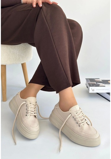 Carin Bej Keten Bağcıklı Spor Ayakkabı Bej