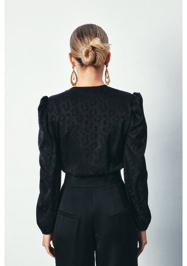 Sateen Kruvaze Desenli Bodysuit Bluz - Siyah-134273