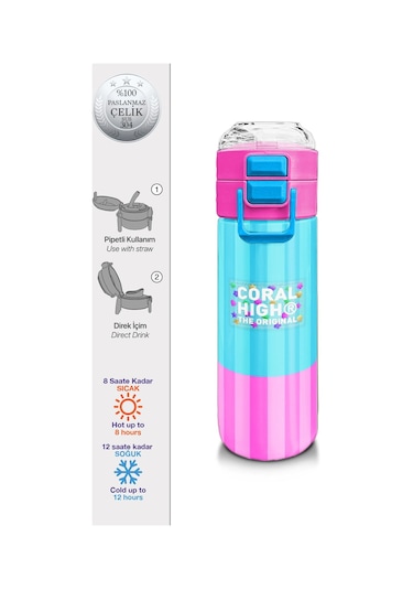 Coral High Kids Renkli Çizgili Desenli Pipetli Ve Direkt İçim Çelik Termos 500 Ml 31987 Pembe - Mavi