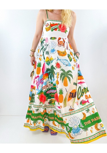 Özel Baskı Maxi Şifon Elbise Çok Renkli