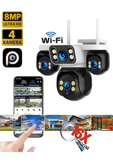 Hieasy 8mp 4 Kameralı Wifi 16x Zoom Hieasy Gece Görüş Çift Yönlü Ses Uzaktan İzleme Kişi Takibi Türkçe Es-5804