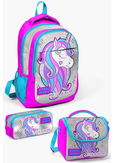 Coral High Kids Pembe Gümüş Simli Unicorn Desenli 3 Lü Okul Çanta Seti Set0114383