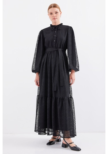 Bigdart 2509 Uzun Dantelli Tesettür Elbise - Siyah 001