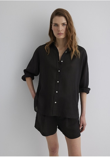 Mavi - Siyah Keten Gömlek 1210747-900 Siyah