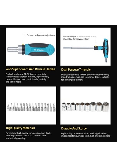 Pazly Çok Amaçlı Çift Kollu Tornavida Seti Ve Soket Anahtarı - 16 Uçlu Profesyonel & Ev Kullanımı