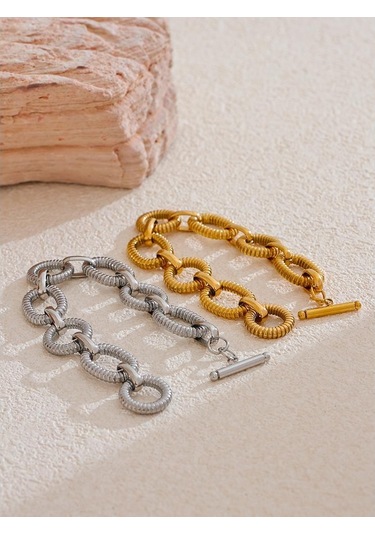 Altın Eetit 316l Paslanmaz Çelik Metal Doku Oval Zincir Bileklik Bileklik Kadınlar İçin 18 K Pvd Kaplama Geçiş-klasps Bildirimi Takı Altın