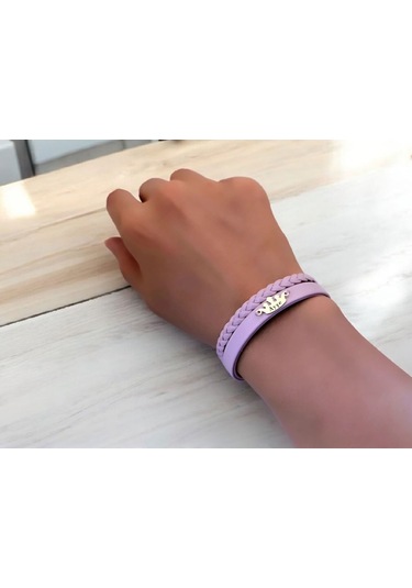 Archin Ayşe İsmine Özel Taç Figürlü 14 Ayar Altın Plakalı Doğal Mor Derili Hediye Bileklik-637isim Ayşe