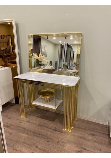 Makyaj Seti Konsol + Ayna + Puf Hepsi Bir Arada Yatak Odası Seti Gold