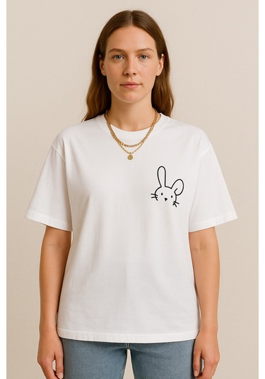 Kadın Tavşan Baskılı Oversize Beyaz T-shirt Beyaz