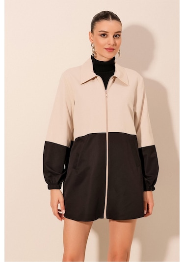 5909 Çift Renkli Mevsimlik Trençkot - Siyah Siyah