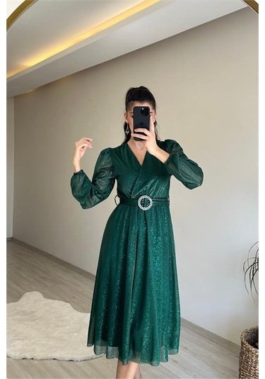 Neşeli Butik Kadın Kruvaze Yaka Tokalı Midi Boy Işıltılı Elbise Nm009 Yeşil