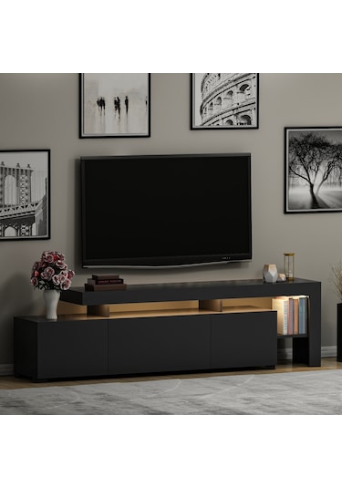 Beliz Modern LED Işıklı 3 Kapaklı, Raflı TV Sehpası – 192 cm, Antrasit