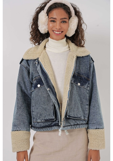 Gabria İç Peluşlu Kot Mont Mavi