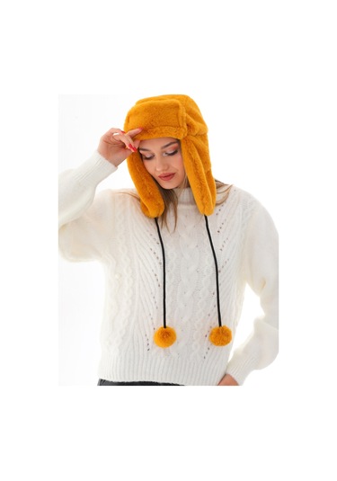Kadın Hardal Kürklü Kulaklıklı Peluş Şapka Hardal