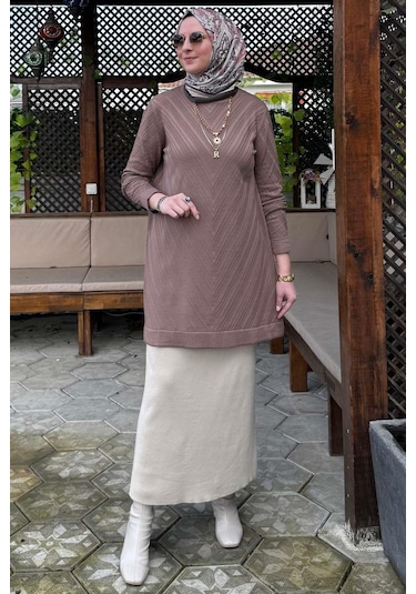 Rabia Şamlı Damla Triko Tunik Sütlü Kahve Çok Renkli