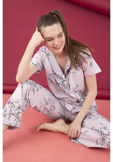 Kadın Düğmeli Desenli Pijama Takımı Gri 1974 Waynap Gri